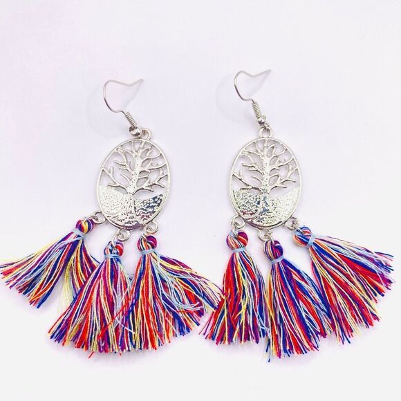 Silver Tree pendant colorful Long Tassel Earrings - Picture 1 of 4